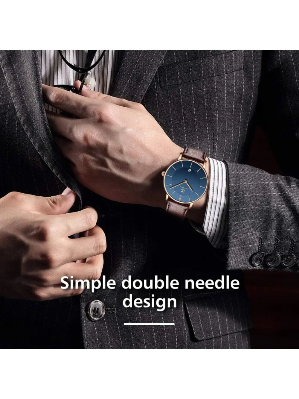 Mens Blue Brown Leather Strap Analog Minimalist Fashion Simple Round Wrist Watch